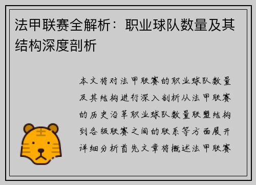 法甲联赛全解析：职业球队数量及其结构深度剖析