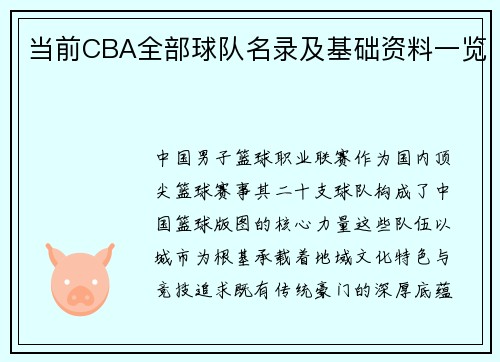 当前CBA全部球队名录及基础资料一览